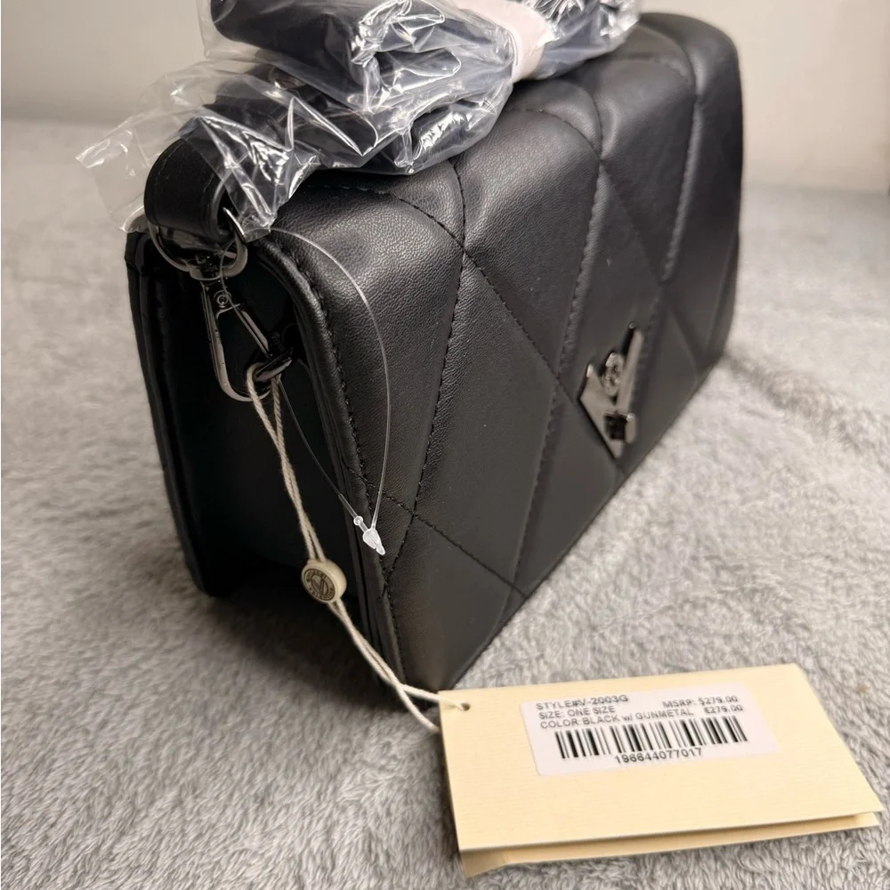 Valentino Orlandi Quilted Crossbody Bag Black Vegan Leather Gunmetal NWT